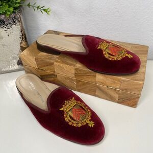 Stubbs & Wootton Velvet Crest Embroidered Mules Slippers Shoes Burgundy‎ Size 7